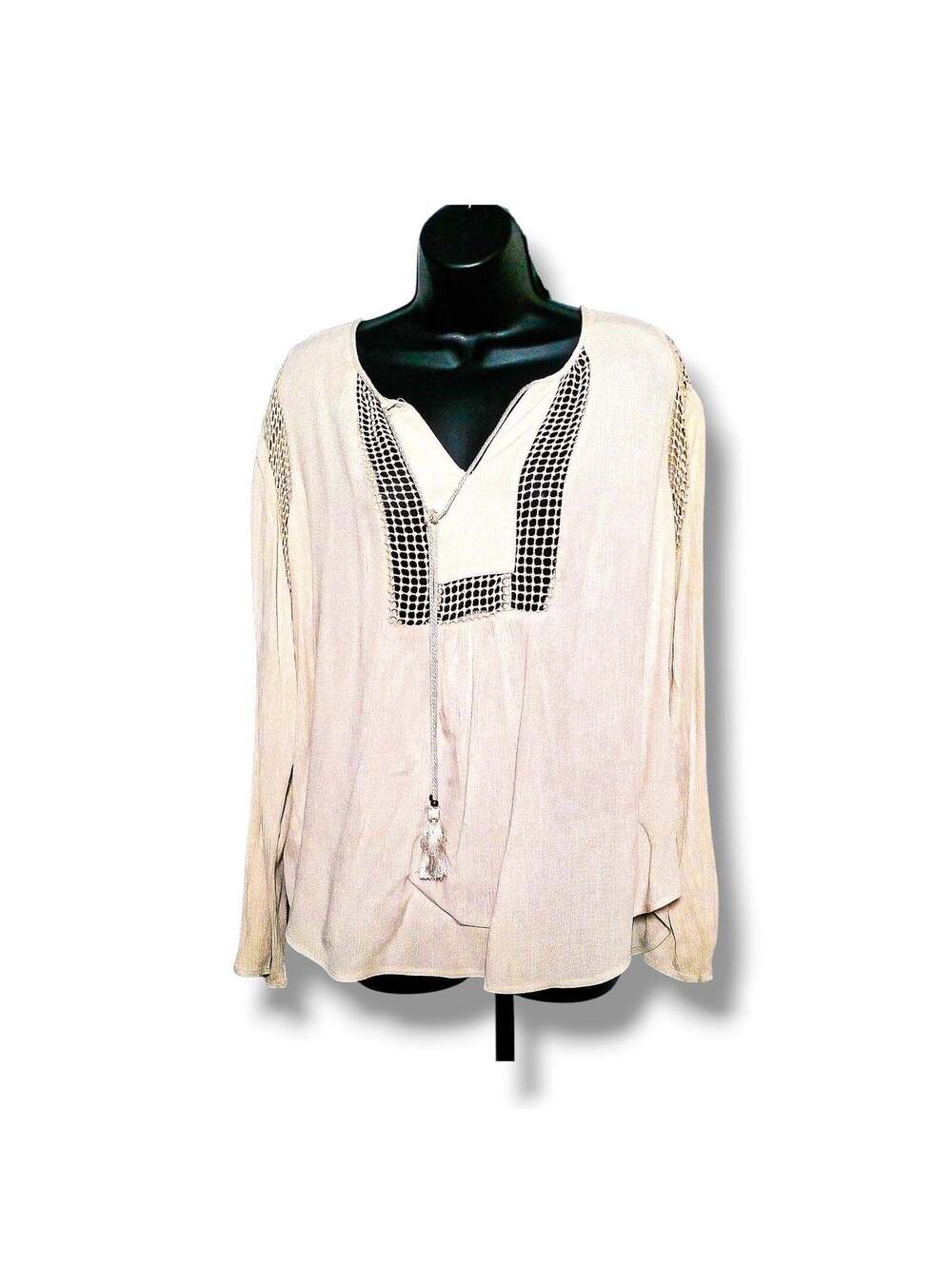 Joseph A Blouse Crochet Tassel Tie Long Sleeve XL Cream